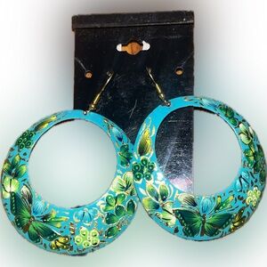 Floral Butterfly Hoop Earrings in Blue and Green